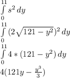 \int\limits^{11}_0 {s^2} \, dy\\ \int\limits^{11}_0 {(2\sqrt{121-y^2} )^2} \, dy\\ \int\limits^{11}_0 {4*({121-y^2)}} \, dy\\4(121y-\frac{y^3}{3})