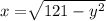 x= \sqrt[]{121-y^2}
