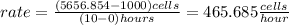 rate= \frac{(5656.854-1000) cells}{(10-0) hours}=465.685 \frac{cells}{hour}