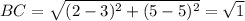 BC=\sqrt{(2-3)^2+(5-5)^2}=\sqrt{1}