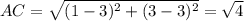 AC=\sqrt{(1-3)^2+(3-3)^2}=\sqrt{4}