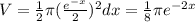 V= \frac{1}{2}\pi (\frac{e^{-x}}{2})^2 dx= \frac{1}{8} \pi e^{-2x}