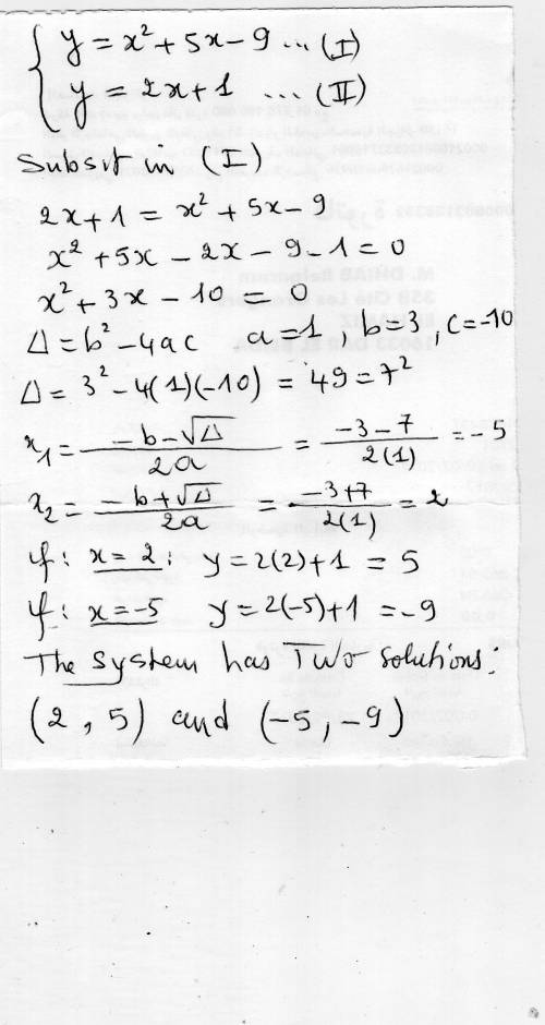 What are the solutions to the system y=x^2+5x-9 y=2x+1