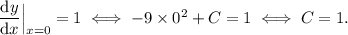 \dfrac{\textrm{d}y}{\textrm{d}x}\Big\vert_{x= 0} = 1 \iff -9 \times 0^2 + C = 1 \iff C = 1.