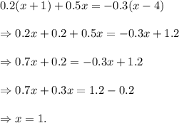0.2(x+1)+0.5x=-0.3(x-4)\\\\\Rightarrow 0.2x+0.2+0.5x=-0.3x+1.2\\\\\Rightarrow 0.7x+0.2=-0.3x+1.2\\\\\Rightarrow 0.7x+0.3x=1.2-0.2\\\\\Rightarrow x=1.