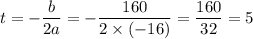 \displaystyle t = -\frac{b}{2a} = -\frac{160}{2 \times (-16)} = \frac{160}{32} = 5