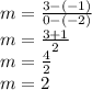 m=\frac{3-(-1)}{0-(-2)} \\m=\frac{3+1}{2}\\ m=\frac{4}{2} \\m=2
