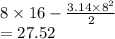 8 \times 16 -  \frac{3.14 \times  {8}^{2} }{2} \\  = 27.52