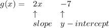 \bf \begin{array}{llll}&#10;g(x)=&2x&-7\\&#10;&\uparrow &\uparrow \\&#10;&slope&y-intercept&#10;\end{array}