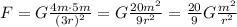 F=G\frac{4m \cdot 5m}{(3r)^2}=G \frac{20m^2}{9r^2}=\frac{20}{9} G \frac{m^2}{r^2}