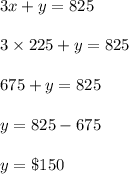 3x+y=825\\\\3\times 225+y=825\\\\675+y =825\\\\y = 825 -675\\\\y = \$150