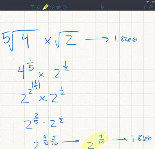 Complete the steps to simplify^5√4 x √2 . rewrite using rational exponents.