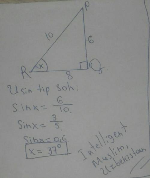Pqr is a right triangle with pr=10, pq=6, and qr=8. what is sin r?