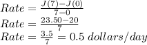 Rate=\frac{J(7)-J(0)}{7-0}\\Rate=\frac{23.50-20}{7}\\Rate=\frac{3.5}{7}=0.5\ dollars/day