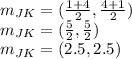 m_{JK} =(\frac{1+4}{2} ,\frac{4+1}{2} )\\m_{JK} =(\frac{5}{2} ,\frac{5}{2} )\\m_{JK} =(2.5 ,2.5)