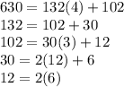 630=132(4) +102\\132=102+30\\102 = 30(3)+12\\30=2(12)+6\\12=2(6)
