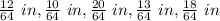 \frac{12}{64}\ in,\frac{10}{64}\ in,\frac{20}{64}\ in, \frac{13}{64}\ in, \frac{18}{64}\ in
