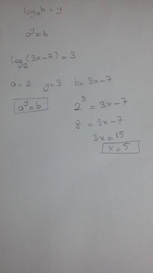 What is the solution of log2 (3x - 7) = 3?