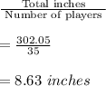 \frac{\text{Total inches}}{\text{ Number of players }}\\\\=\frac{302.05}{35}\\\\=8.63\ inches