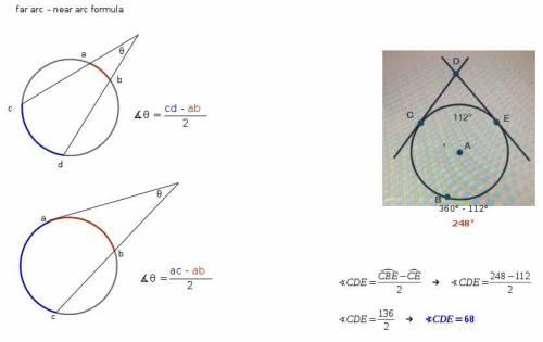 Lines cd and de are tangent to circle a shown below if ce is 112° what is the measure of angle cde