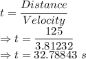 t=\dfrac{Distance}{Velocity}\\\Rightarrow t=\dfrac{125}{3.81232}\\\Rightarrow t=32.78843\ s