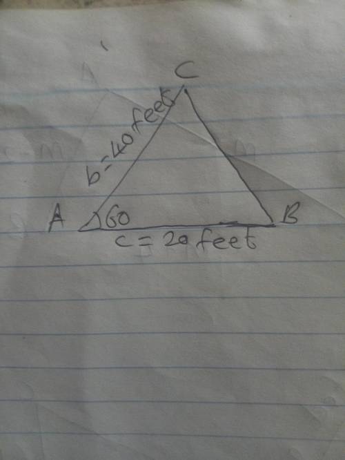 What is the area of triangle abc if angle a is 60 degrees, side b is 40 feet and side c is 20 feet?
