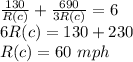 \frac{130}{R(c)}+ \frac{690}{3R(c)}=6\\ 6R(c) = 130 +230\\R(c) = 60\ mph