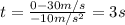 t=\frac{0-30 m/s}{-10 m/s^2}=3 s