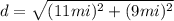 d=\sqrt{(11 mi)^{2} + (9 mi)^{2}}