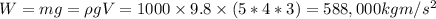 W = mg  = \rho g V = 1000\times 9.8 \times (5*4*3) = 588,000 kg m/s^2