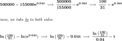 \bf 500000=155000e^{0.04t}\implies \cfrac{500000}{155000}=e^{0.04t}\implies \cfrac{100}{31}=e^{0.04t}&#10;\\\\\\&#10;\textit{now, we take \underline{ln} to both sides}&#10;\\\\\\&#10;ln\left(  \frac{100}{31}\right)=ln(e^{0.04t})\implies ln\left(  \frac{100}{31}\right)=0.04t\implies \cfrac{ln\left(  \frac{100}{31}\right)}{0.04}=t