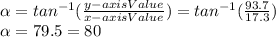 \alpha=tan^{-1}(\frac{y-axisValue}{x-axisValue})=tan^{-1}(\frac{93.7}{17.3})\\\alpha=79.5=80