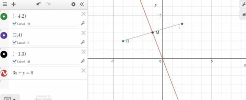 Given ghi g (4,-3), h (-4,2), and i (2,4), find the perpendicular bisector of hi in standard form.