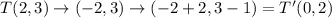 T(2,3)\rightarrow (-2,3)\rightarrow (-2+2,3-1)=T'(0,2)