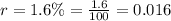 r = 1.6 \% = \frac{1.6}{100} = 0.016