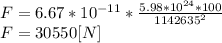F = 6.67*10^{-11}*\frac{5.98*10^{24}*100 }{1142635^{2} } \\ F= 30550 [N]