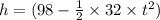 h = (98 - \frac {1}{2} \times 32 \times t^{2})