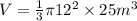V=\frac{1}{3}\pi 12^2\times 25m^3