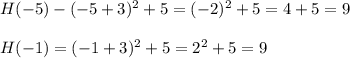 H(-5)-(-5+3)^2+5=(-2)^2+5=4+5=9\\ \\H(-1)=(-1+3)^2+5=2^2+5=9