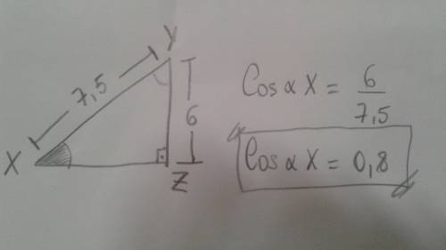 In triangle xyz what is the cosine ratio of angle x  hypotenuse is 7.5  opposite of angle x is 6