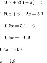1.50x +2(3-x) = 5.1\\\\1.50x + 6 - 2x = 5.1\\\\-0.5x = 5.1 - 6\\\\-0.5x=-0.9\\\\0.5x = 0.9\\\\x = 1.8