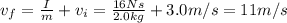 v_f = \frac{I}{m}+v_i=\frac{16 Ns}{2.0 kg}+3.0 m/s=11 m/s