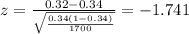 z=\frac{0.32 -0.34}{\sqrt{\frac{0.34(1-0.34)}{1700}}}=-1.741