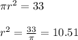 \pi r^2=33\\\\r^2 =\frac{33}{\pi} = 10.51