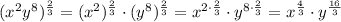 (x^2y^8)^{\frac{2}{3}}=(x^2)^{\frac{2}{3}}\cdot (y^8)^{\frac{2}{3}}=x^{2\cdot \frac{2}{3}}\cdot y^{8\cdot \frac{2}{3}}=x^{\frac{4}{3}}\cdot y^{\frac{16}{3}}