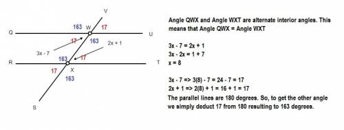 Find the measure of angle qwx if segments qu and rt are parallel and they are cut by transversal vs.