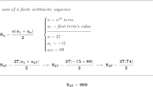 \bf \rule{34em}{0.25pt}\\\\ \textit{ sum of a finite arithmetic sequence} \\\\ S_n=\cfrac{n(a_1+a_n)}{2}\qquad \begin{cases} n=n^{th}\ term\\ a_1=\textit{first term's value}\\[-0.5em] \hrulefill\\ n=27\\ a_1=-15\\ a_{27}=89 \end{cases} \\\\\\ S_{27}=\cfrac{27(a_1+a_{27})}{2}\implies S_{27}=\cfrac{27(-15+89)}{2}\implies S_{27}=\cfrac{27(74)}{2} \\\\[-0.35em] \rule{34em}{0.25pt}\\\\ ~\hfill S_{27}=999~\hfill