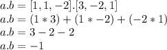a.b=[1,1,-2].[3,-2,1]\\a.b=(1*3)+(1*-2)+(-2*1)\\a.b=3-2-2\\a.b=-1