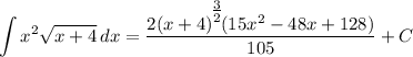 \displaystyle \int {x^2\sqrt{x + 4}} \, dx = \frac{2(x + 4)^\Big{\frac{3}{2}}(15x^2 - 48x + 128)}{105} + C