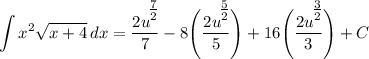 \displaystyle \int {x^2\sqrt{x + 4}} \, dx = \frac{2u^\Big{\frac{7}{2}}}{7} - 8 \Bigg( \frac{2u^\Big{\frac{5}{2}}}{5} \Bigg) + 16 \Bigg( \frac{2u^\Big{\frac{3}{2}}}{3} \Bigg) + C